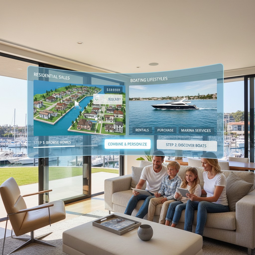 A family sits on a sofa in a modern living room overlooking a marina while interacting with a digital interface displaying residential sales and boating lifestyle options.
