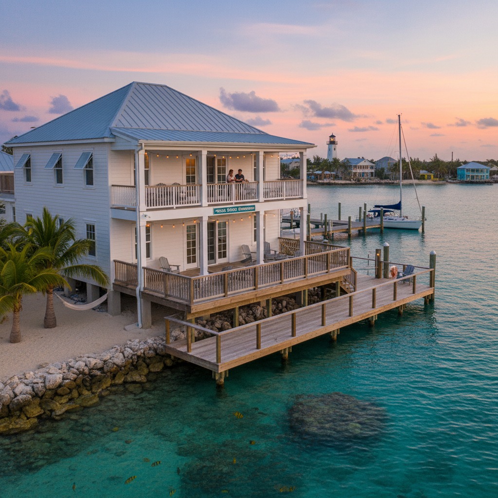 A two-story white house with a wooden deck sits on the edge of clear turquoise water at sunset, with a sailboat and lighthouse visible in the distance.