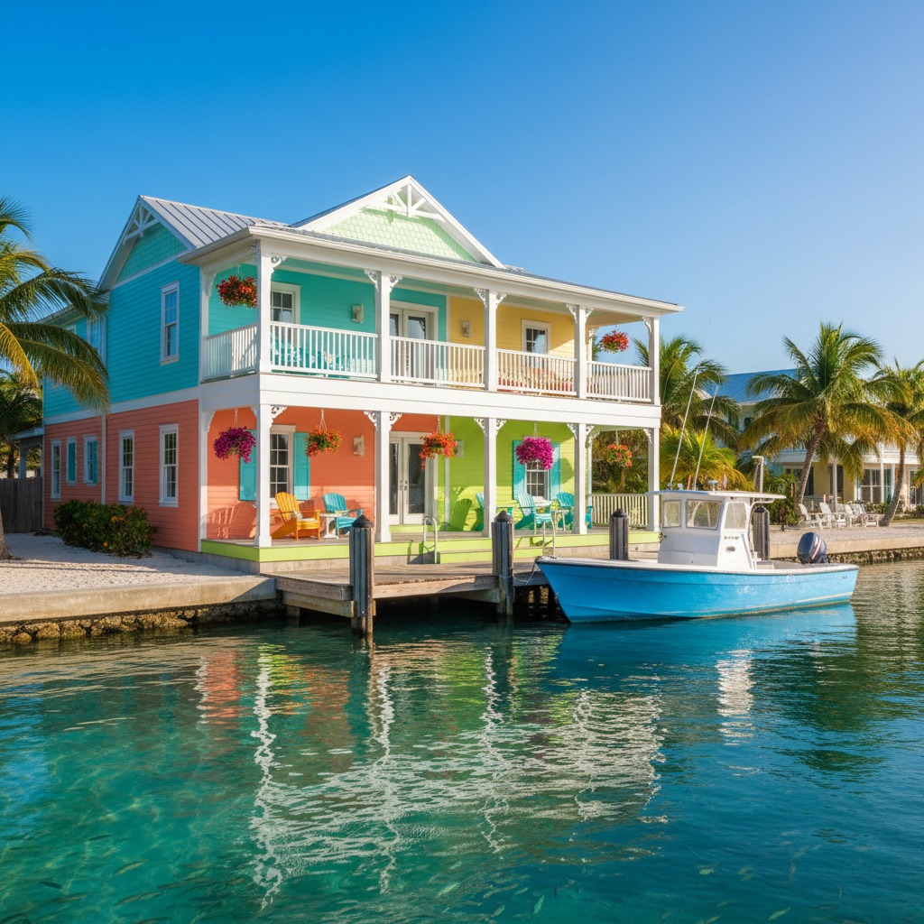 A colorful two-story house with a wrap-around porch sits on a dock next to a small blue boat in clear tropical water.